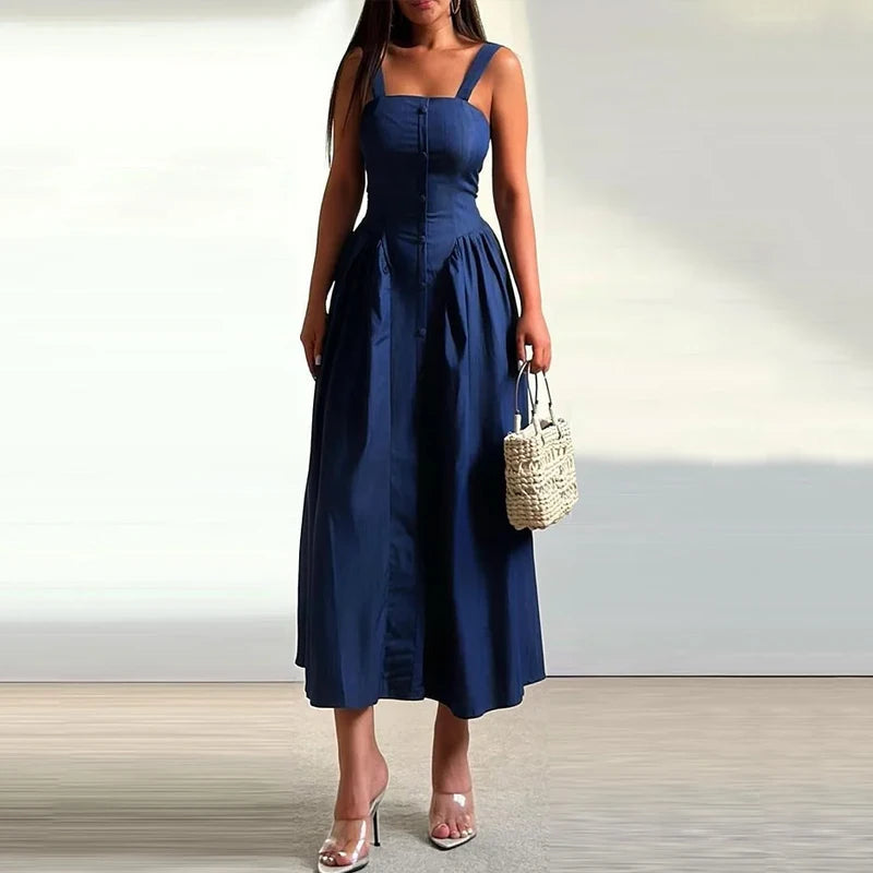 Square Neckline Buttoned Midi Dress for Cocktails	