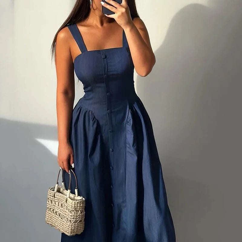 Square Neckline Buttoned Midi Dress for Cocktails Midi Dresses | Chuzko.com