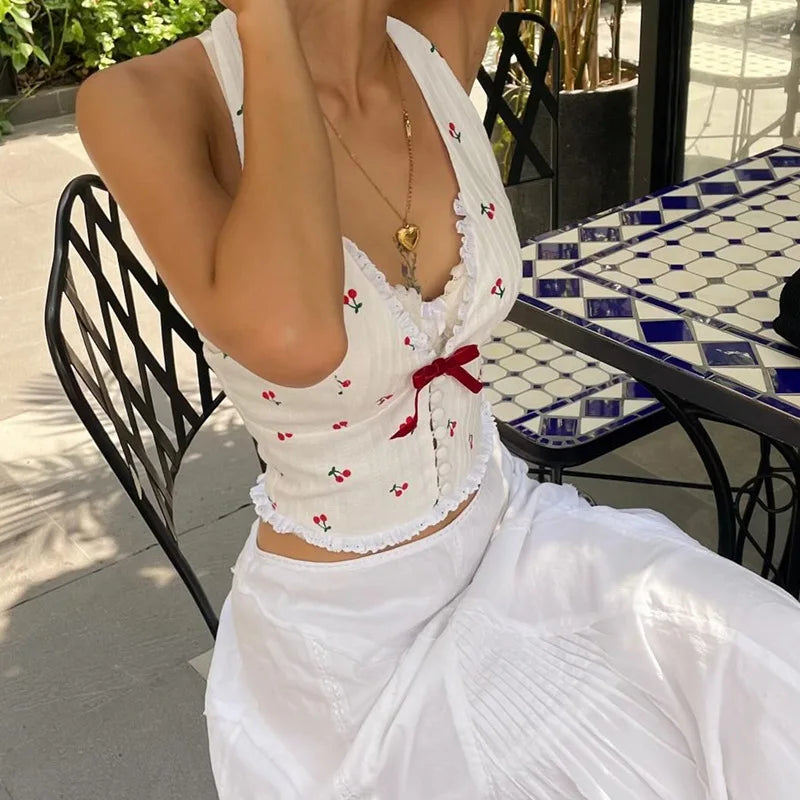 Cherry Halter Crop Top with Ribbon Tie Halter Tops | Chuzko.com