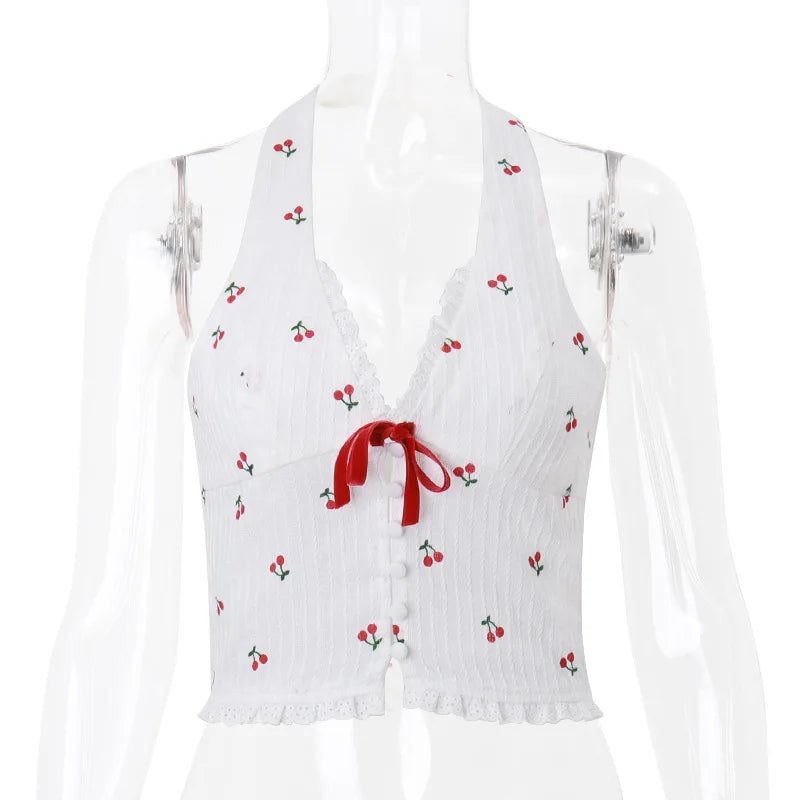 Cherry Halter Crop Top with Ribbon Tie Halter Tops | Chuzko.com