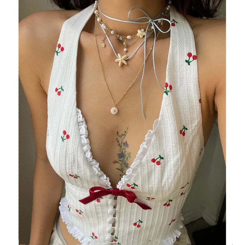 Cherry Halter Crop Top with Ribbon Tie Halter Tops | Chuzko.com