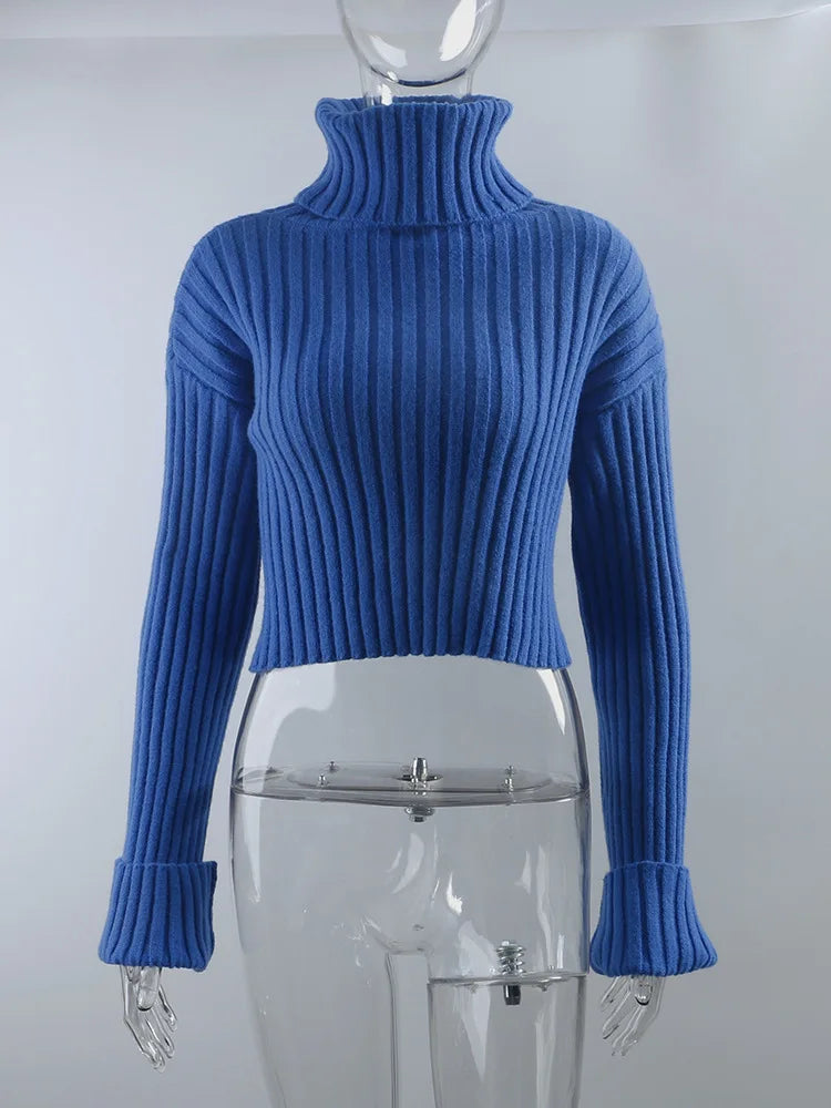 Cozy Blue Turtleneck Crop Sweater Loose Jumper Sweaters | Chuzko.com