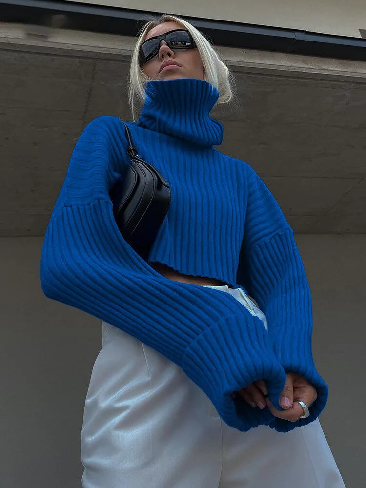 Cozy Blue Turtleneck Crop Sweater Loose Jumper Sweaters | Chuzko.com