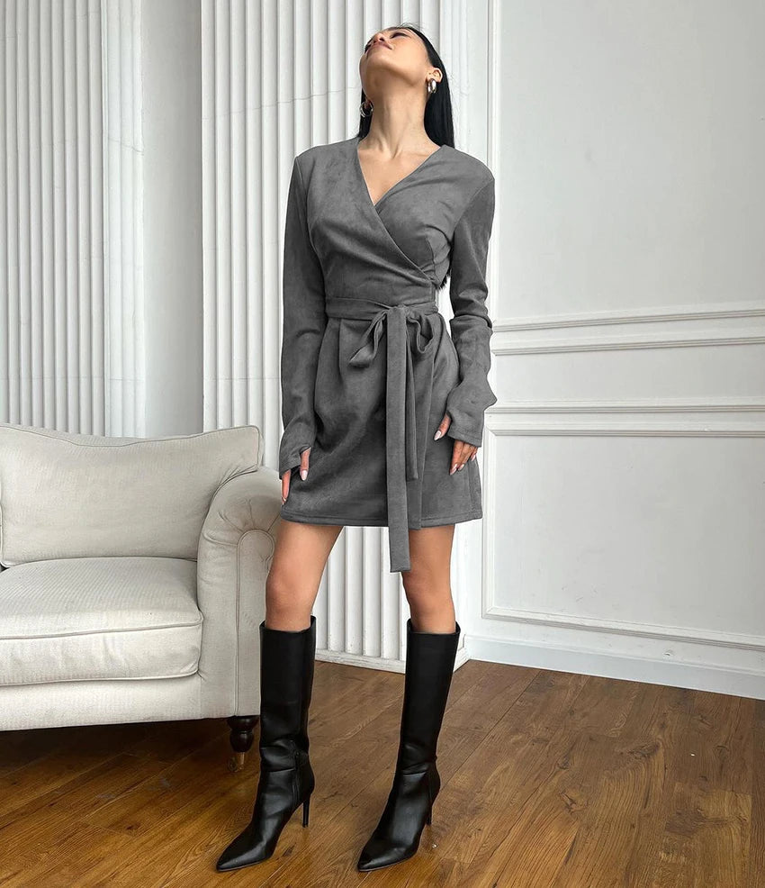 Wrap Tailored Couture Faux Suede Mini Dress Wrap Dresses | Chuzko.com