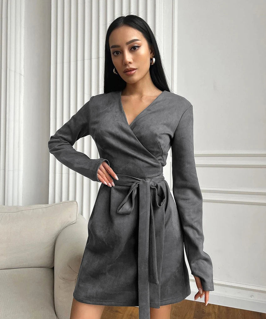 Wrap Tailored Couture Faux Suede Mini Dress Wrap Dresses | Chuzko.com