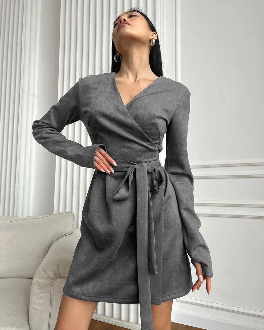 Wrap Tailored Couture Faux Suede Mini Dress Wrap Dresses | Chuzko.com