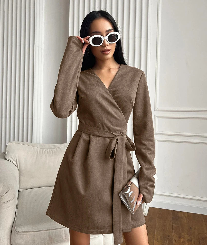 Wrap Tailored Couture Faux Suede Mini Dress Wrap Dresses | Chuzko.com