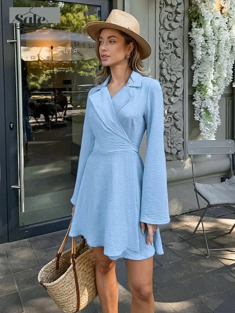 Notched Collar Textured Wrap Mini Dress Casual Dresses | Chuzko.com