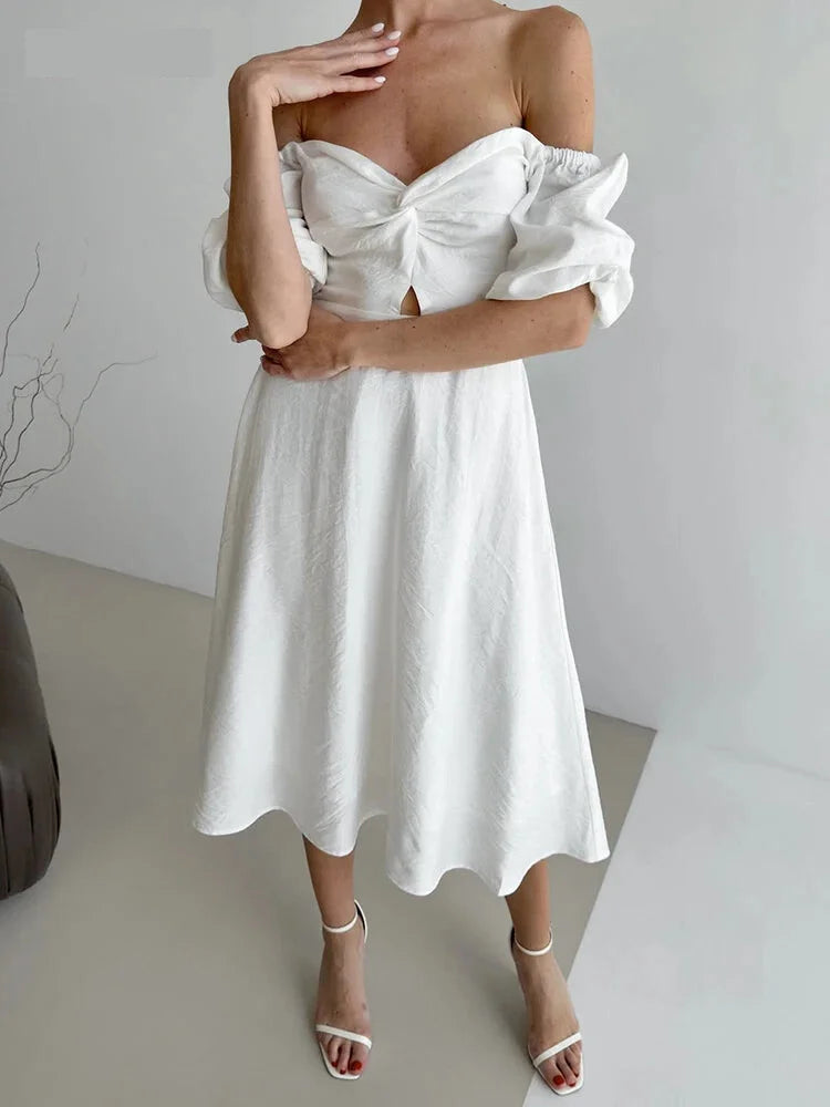 Romantic Off-Shoulder Midi Dress for Bridal Showers Casual | Chuzko.com