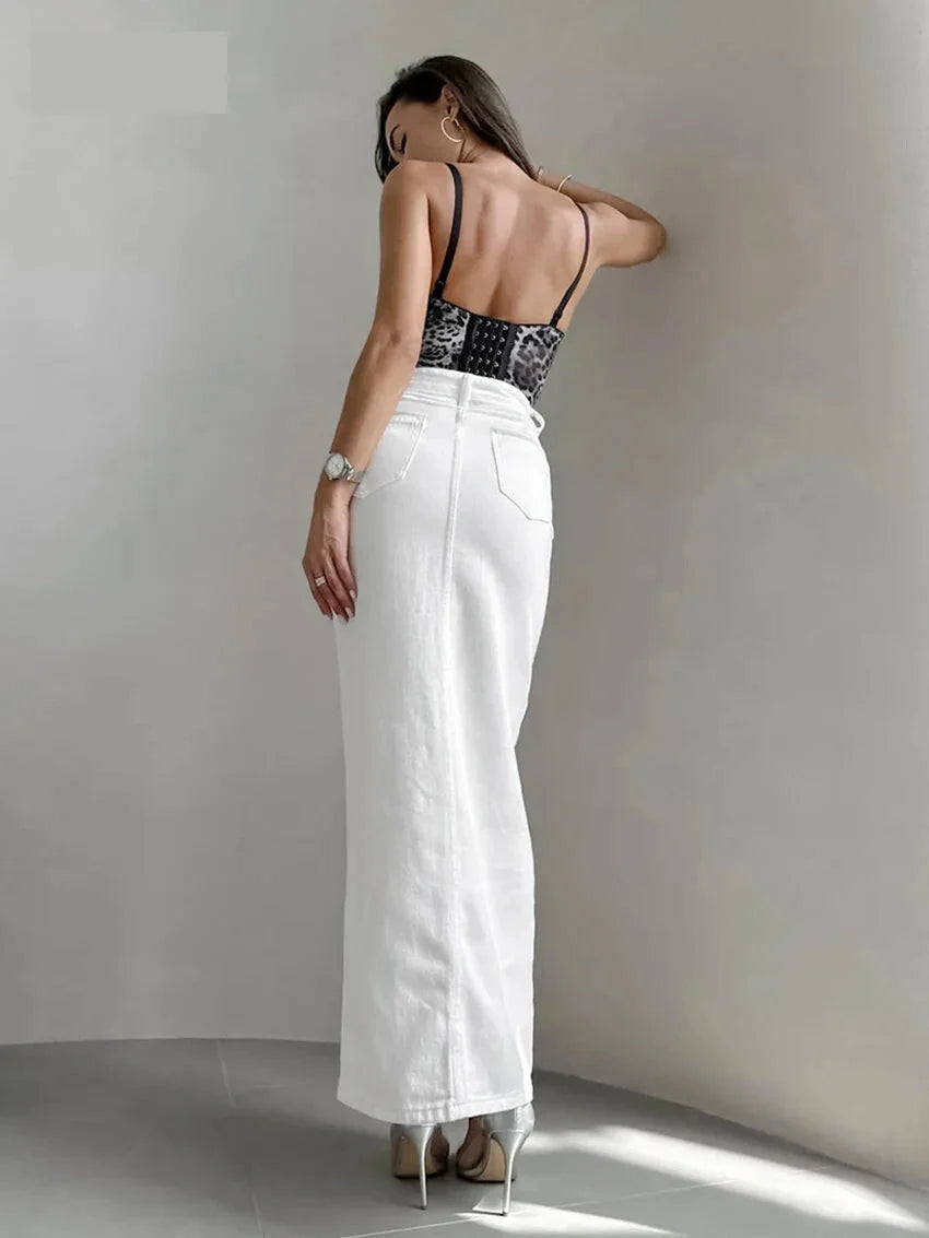 High-Waist Button-Up Midi-Maxi Skirt in Cotton Maxi Dresses | Chuzko.com