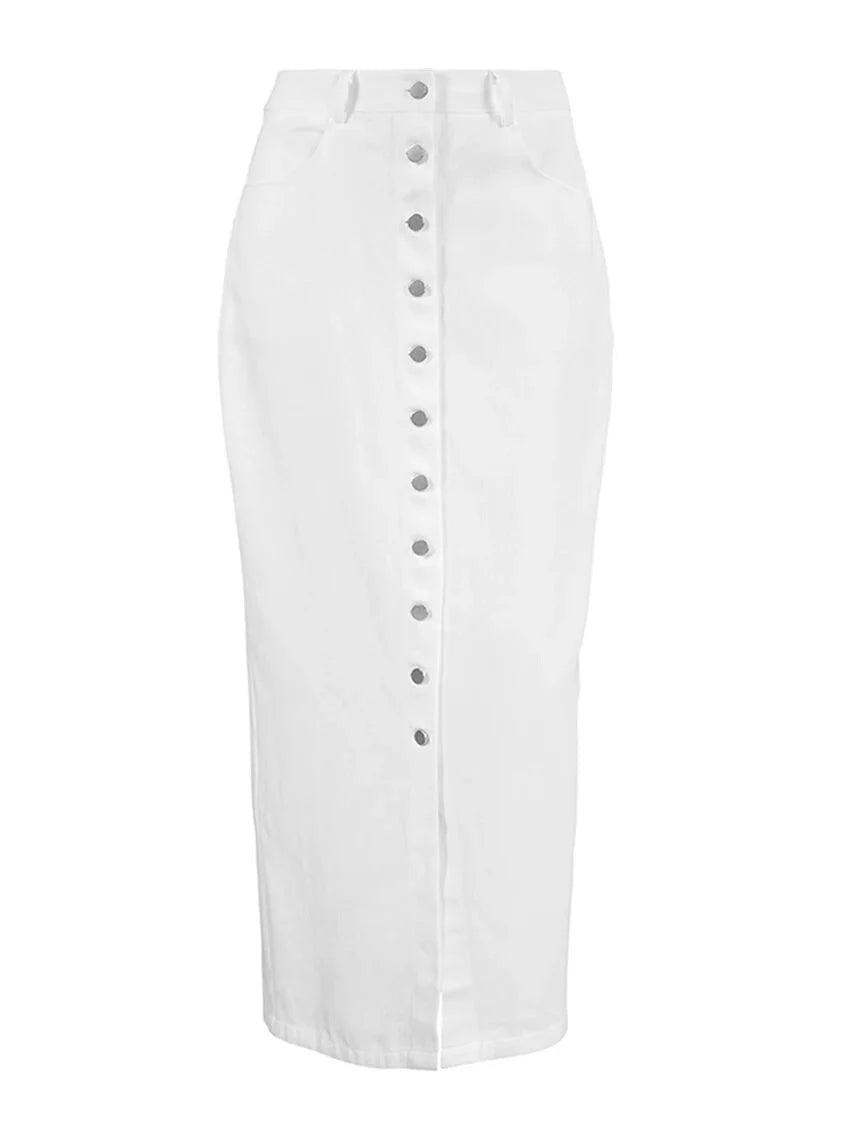 High-Waist Button-Up Midi-Maxi Skirt in Cotton Maxi Dresses | Chuzko.com