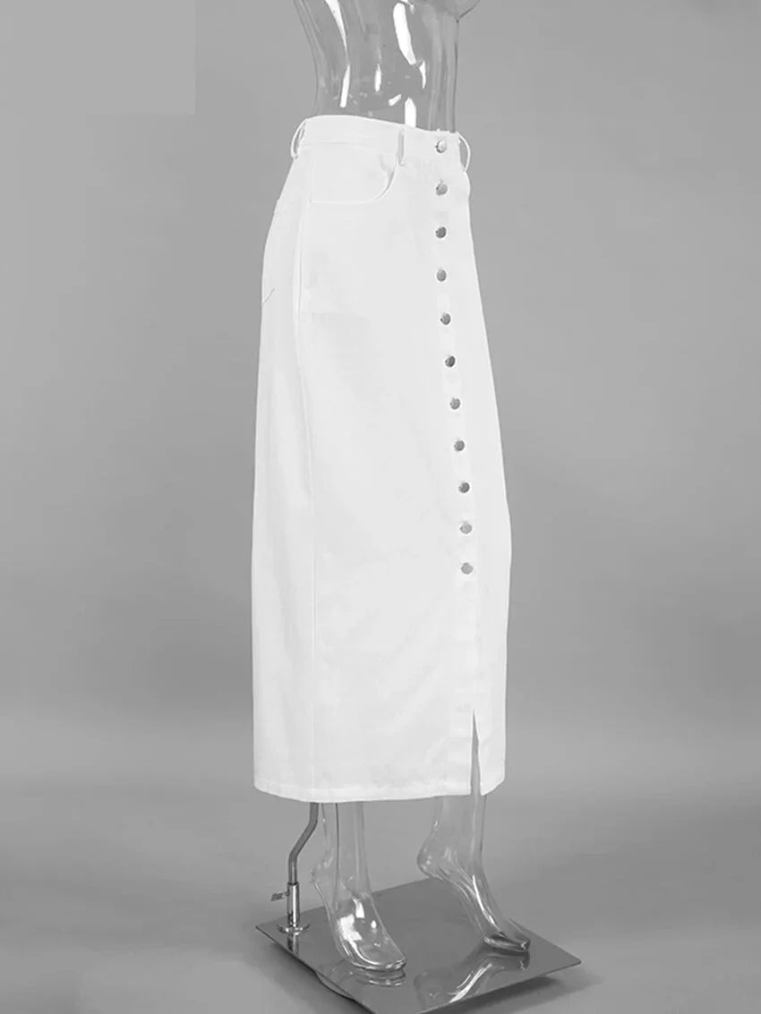 High-Waist Button-Up Midi-Maxi Skirt in Cotton Maxi Dresses | Chuzko.com