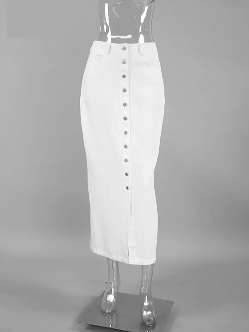 High-Waist Button-Up Midi-Maxi Skirt in Cotton Maxi Dresses | Chuzko.com