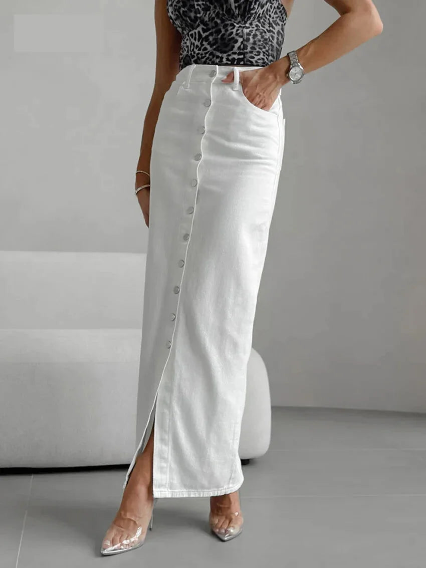 High-Waist Button-Up Midi-Maxi Skirt in Cotton Maxi Dresses | Chuzko.com