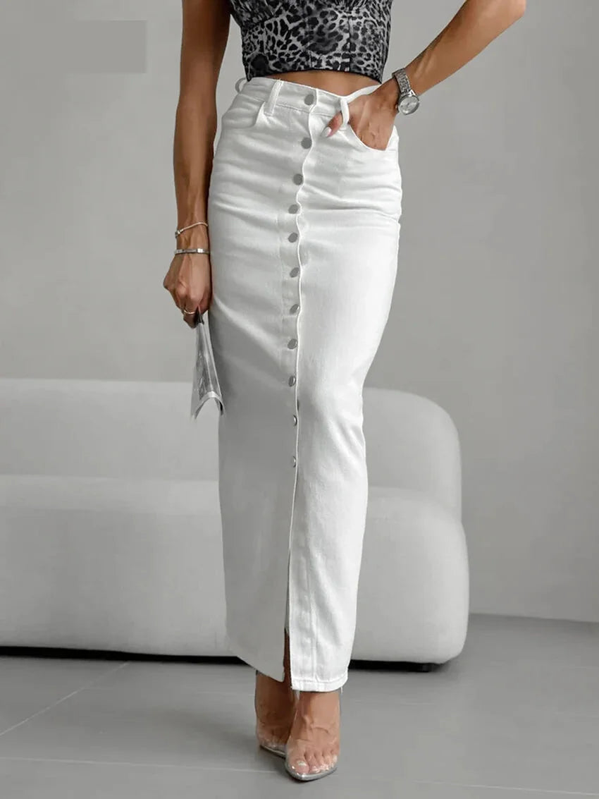 High-Waist Button-Up Midi-Maxi Skirt in Cotton Maxi Dresses | Chuzko.com