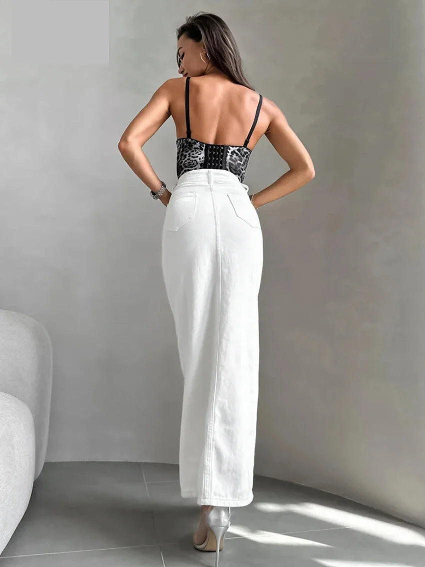 High-Waist Button-Up Midi-Maxi Skirt in Cotton Maxi Dresses | Chuzko.com