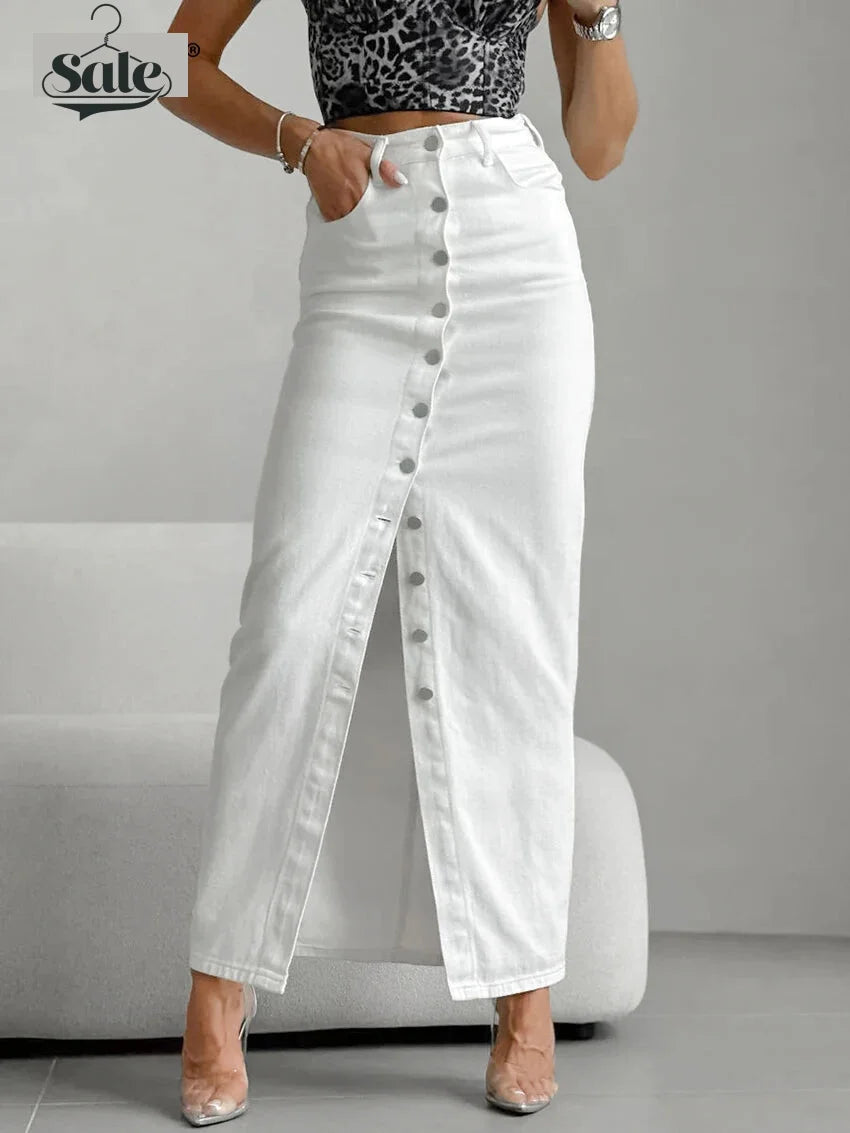 High-Waist Button-Up Midi-Maxi Skirt in Cotton Maxi Dresses | Chuzko.com