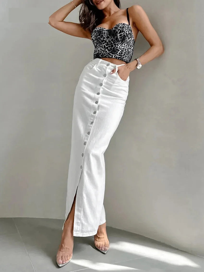 High-Waist Button-Up Midi-Maxi Skirt in Cotton	