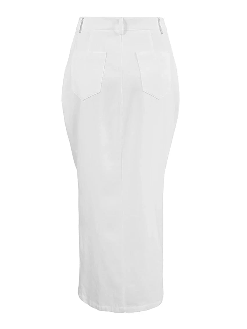 High-Waist Button-Up Midi-Maxi Skirt in Cotton Maxi Dresses | Chuzko.com