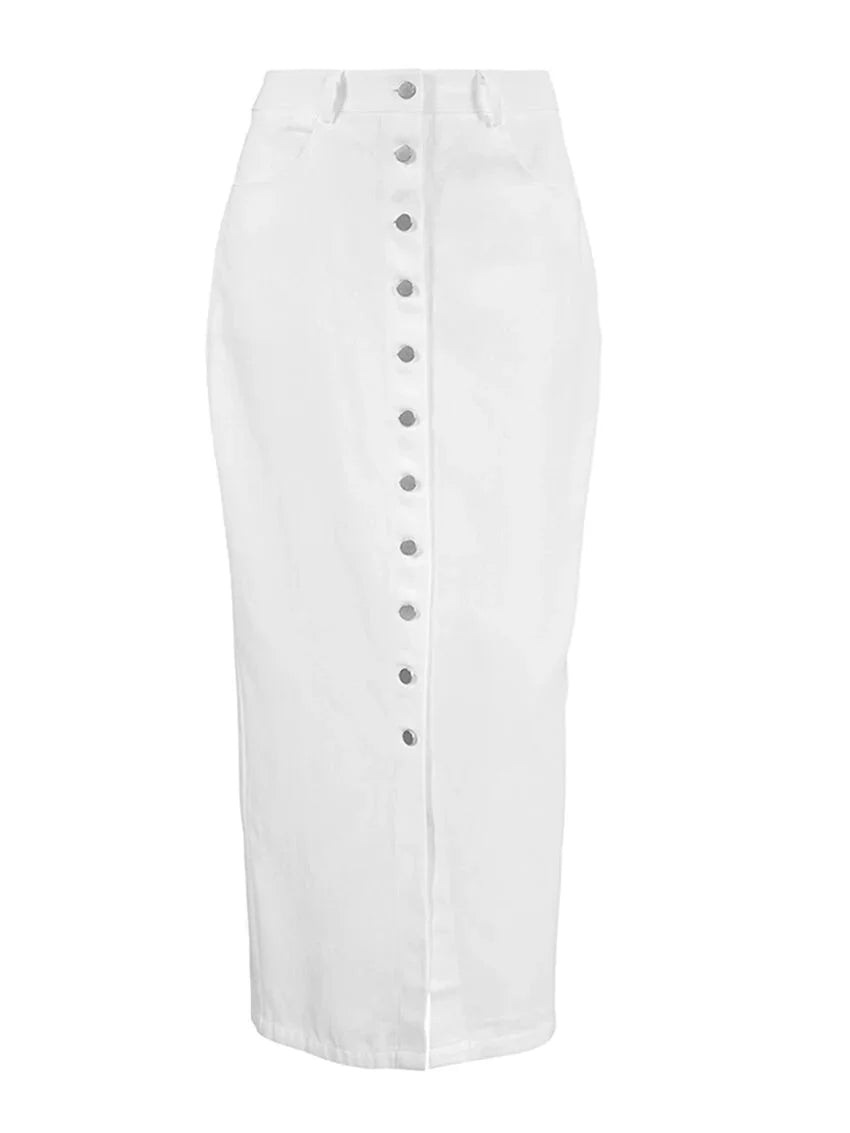 High-Waist Button-Up Midi-Maxi Skirt in Cotton Maxi Dresses | Chuzko.com