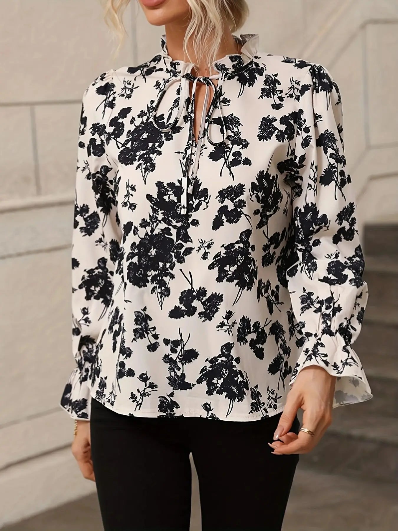 Fall Black & White Floral Tie-Neck Blouse Blouses | Chuzko.com