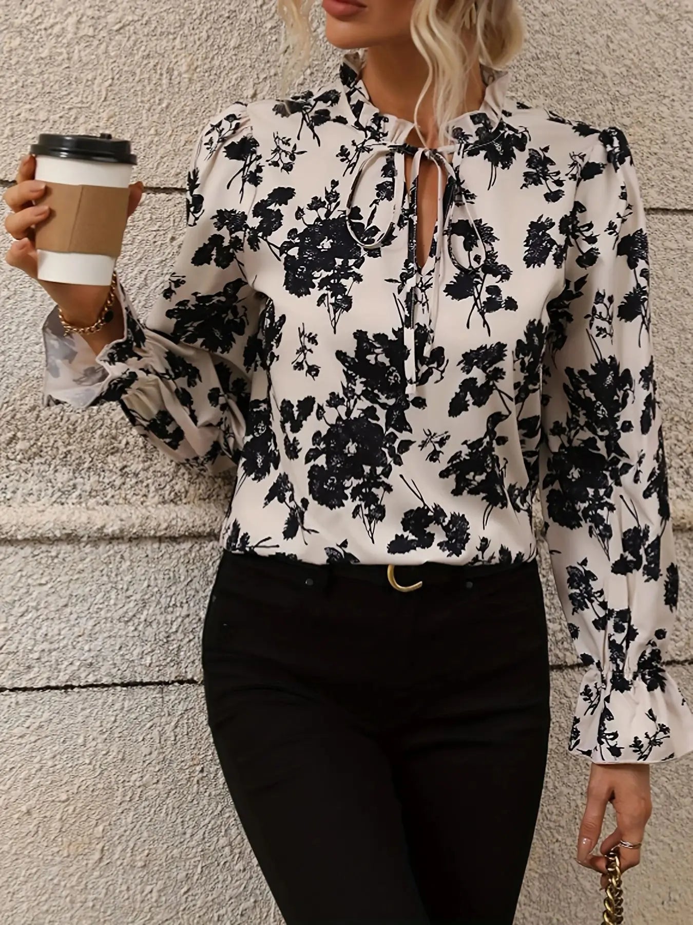 Fall Black & White Floral Tie-Neck Blouse Blouses | Chuzko.com