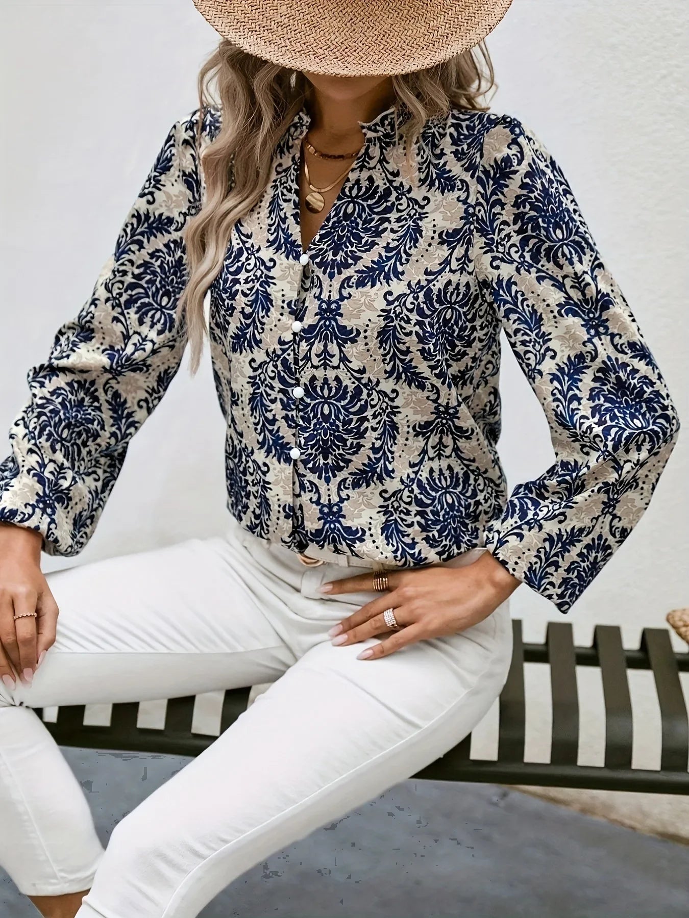 Golden Damask Autumn Blouse with Long Sleeves Blouses | Chuzko.com