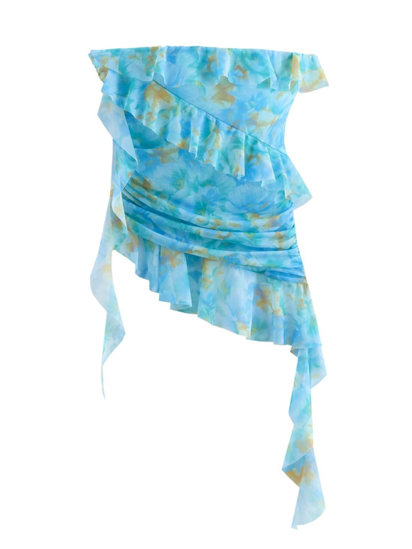 Ocean Watercolor Strapless Ruffle Top	