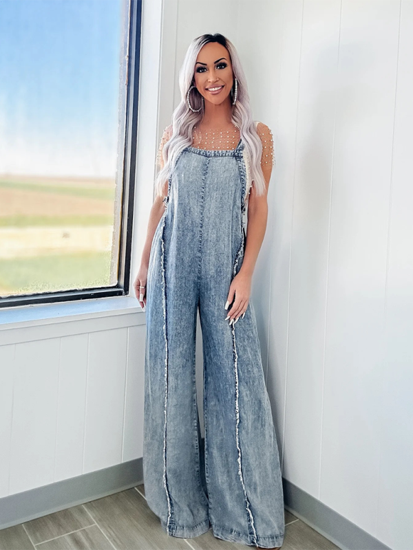 Trendy Wide-Leg Denim Playsuit Overalls for Women Overalls | Chuzko.com