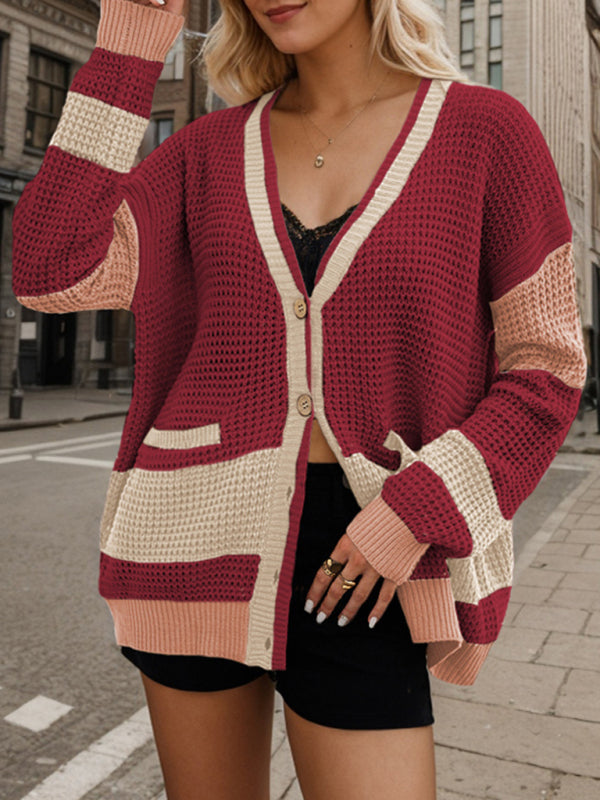 Long Striped Knit Cardigan Color-Block Layer for Women	