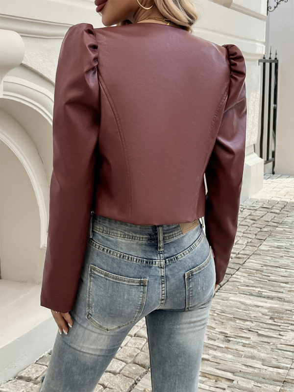 Faux Leather Puff Sleeve Jacket Leather Jackets | Chuzko.com