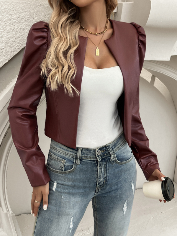 Faux Leather Puff Sleeve Jacket Leather Jackets | Chuzko.com