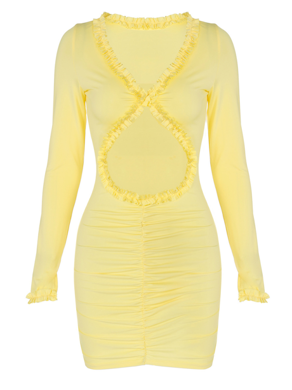 Vibrant Yellow Ruffled Cut-Out Mini Dress Clubbing Dresses | Chuzko.com