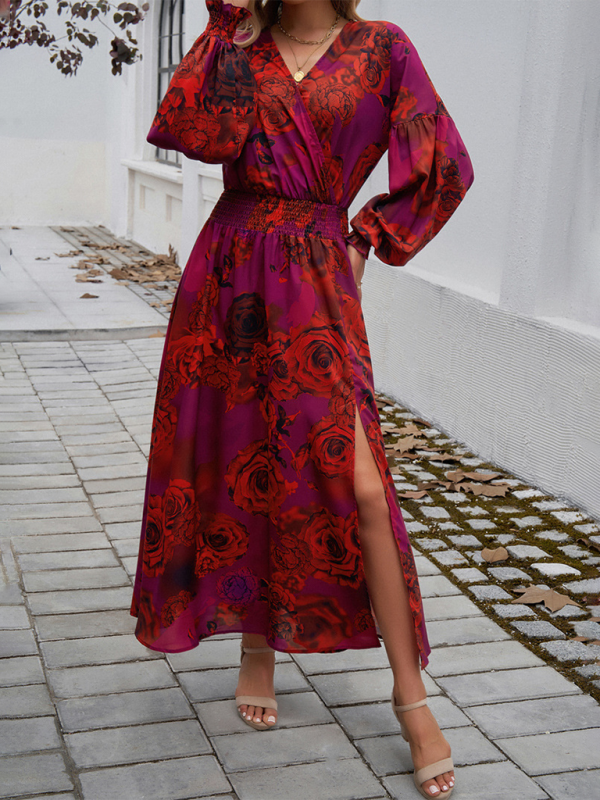 Floral Long Sleeve Surplice V-Neck Maxi Dress	