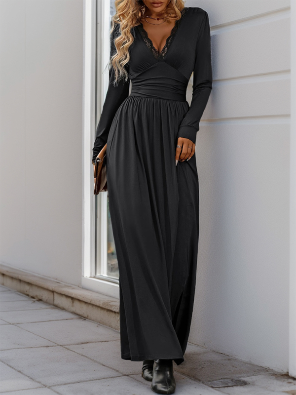 Solid Slim Fit Maxi Dress V-neck Maxi Dresses | Chuzko.com