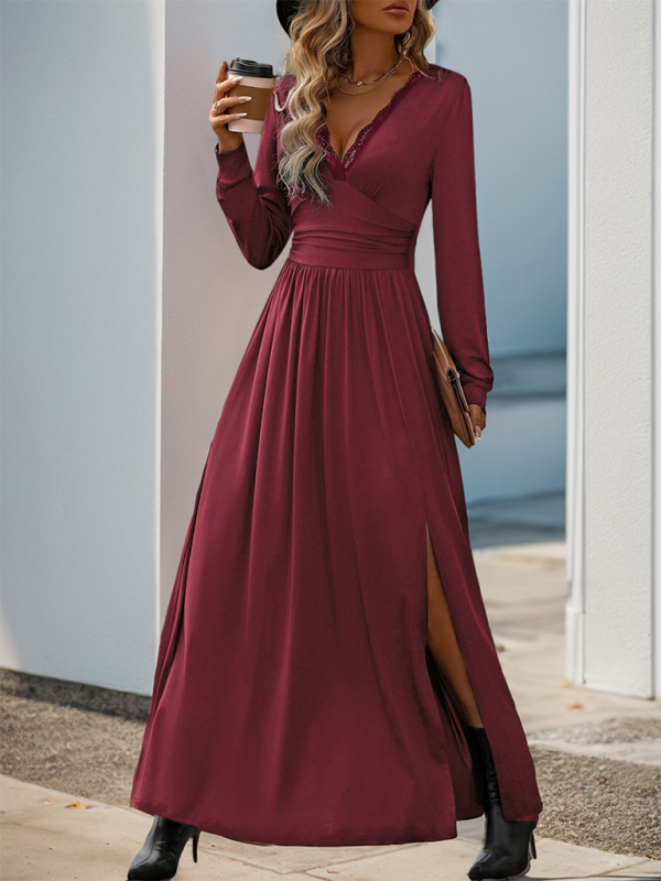 Solid Slim Fit Maxi Dress V-neck Maxi Dresses | Chuzko.com