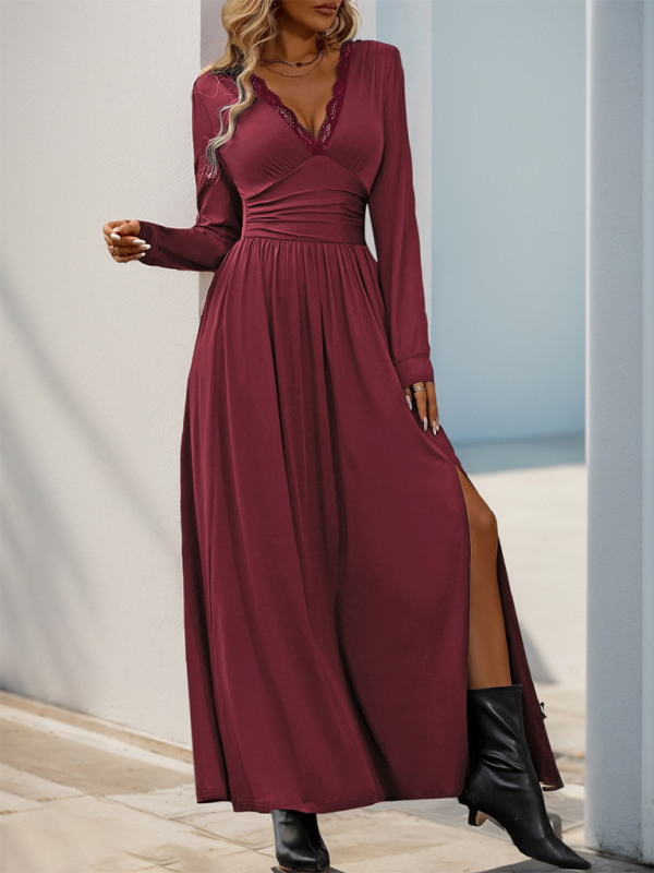 Solid Slim Fit Maxi Dress V-neck Maxi Dresses | Chuzko.com