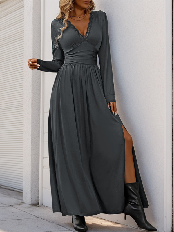 Solid Slim Fit Maxi Dress V-neck Maxi Dresses | Chuzko.com