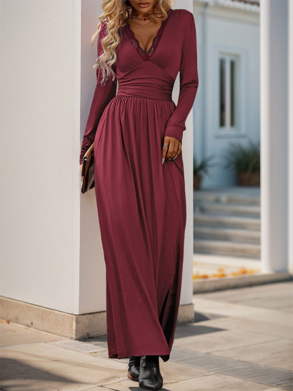 Solid Slim Fit Maxi Dress V-neck Maxi Dresses | Chuzko.com