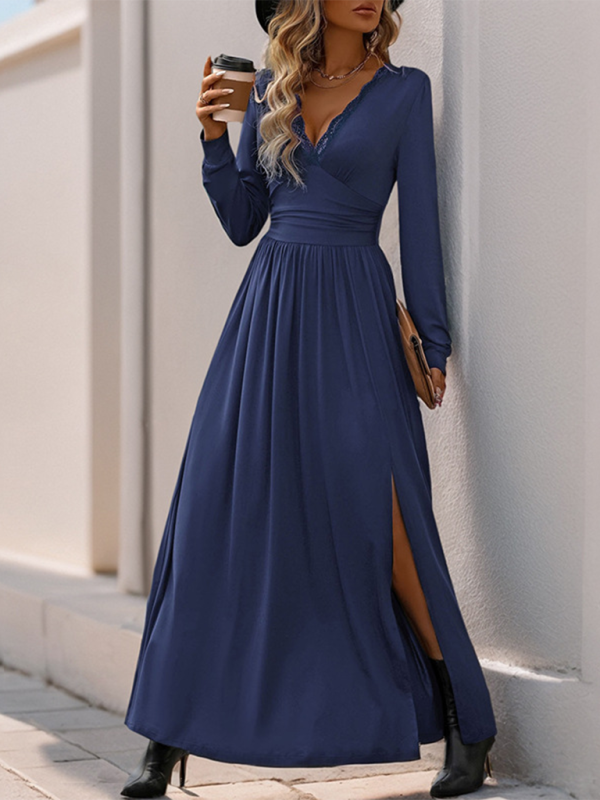 Solid Slim Fit Maxi Dress V-neck Maxi Dresses | Chuzko.com