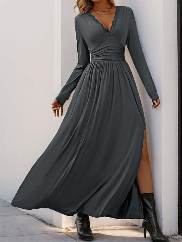 Solid Slim Fit Maxi Dress V-neck Maxi Dresses | Chuzko.com