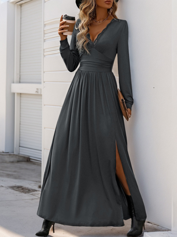 Solid Slim Fit Maxi Dress V-neck Maxi Dresses | Chuzko.com