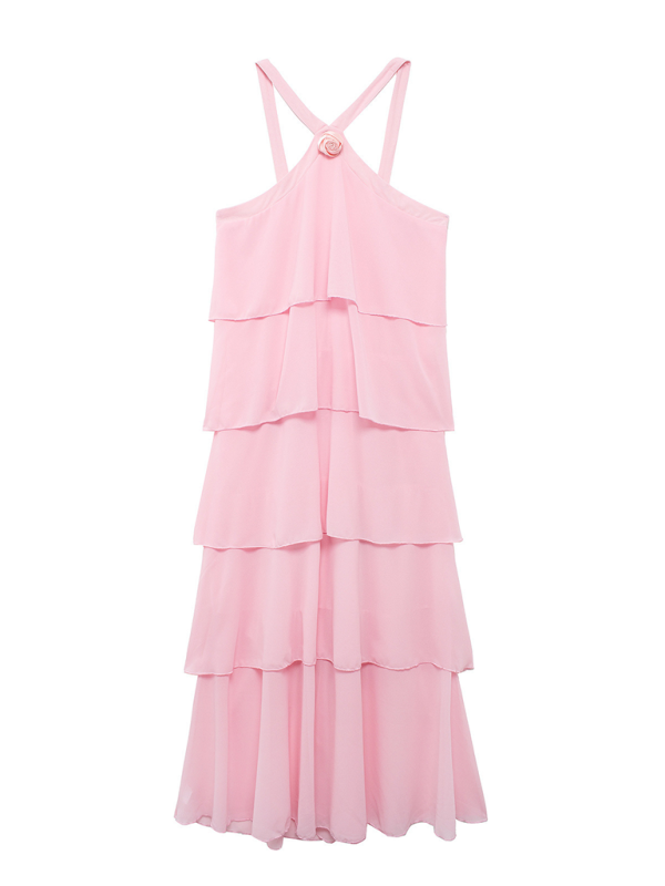 Rosette Floor-Length Pink Ruffle Tiered Dress	