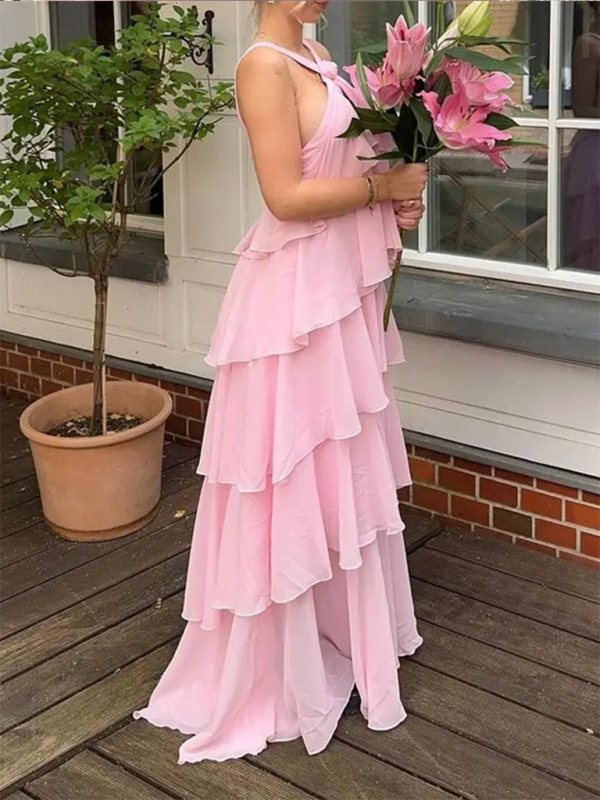 Rosette Floor-Length Pink Ruffle Tiered Dress Tiered Dresses | Chuzko.com