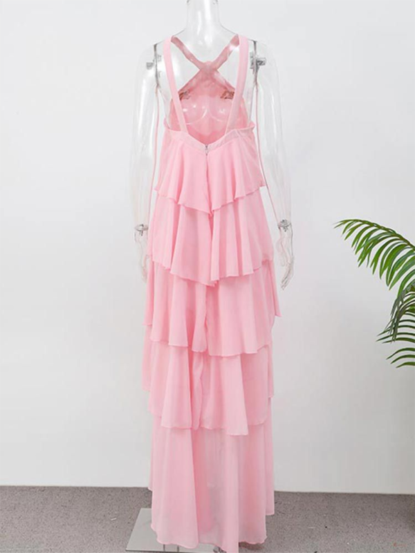 Rosette Floor-Length Pink Ruffle Tiered Dress Tiered Dresses | Chuzko.com