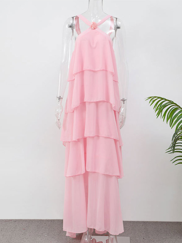 Rosette Floor-Length Pink Ruffle Tiered Dress Tiered Dresses | Chuzko.com