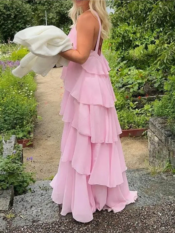 Rosette Floor-Length Pink Ruffle Tiered Dress Tiered Dresses | Chuzko.com