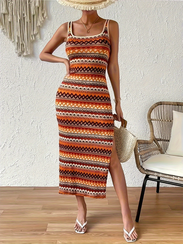 Boho Aztec Print Earthy Tones Midi-Maxi Dress Midi Dresses | Chuzko.com