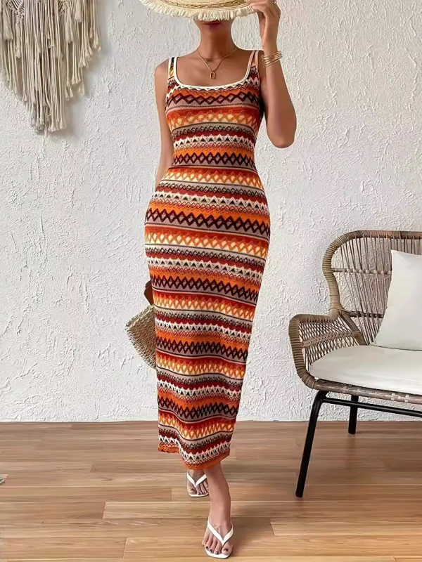 Boho Aztec Print Earthy Tones Midi-Maxi Dress Midi Dresses | Chuzko.com