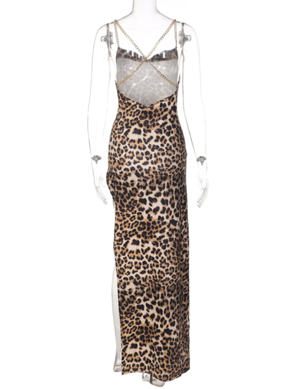 Backless Leopard Print Party Maxi Dress with Thigh-High Slit | Chuzko.com